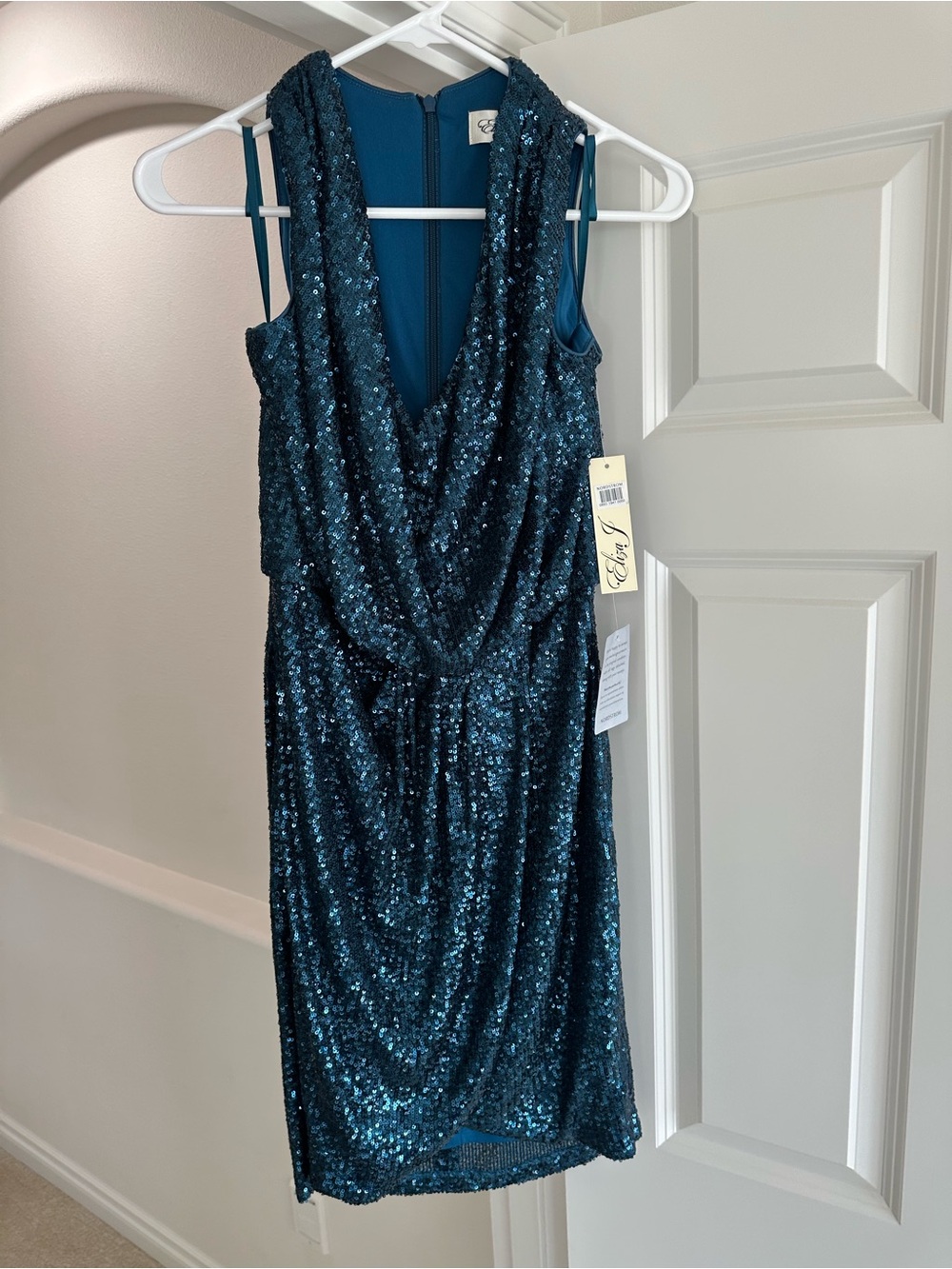 CeCe Teal Sequin Midi Dress with Draped Front